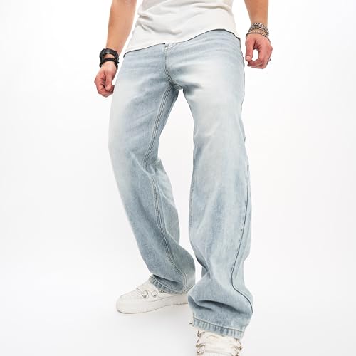WEIBUMAOYI Men's Wide-Leg Jeans Straight Leg Carpenter Denim Pants Loose fit Trousers4