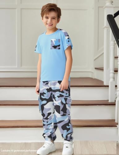Image of mksodopy Boys Clothes Outfits Set, Camo Cargo Pants and Short Sleeve Pocket Tee 2PC Summer Tracksuit for Kids 5-16Y