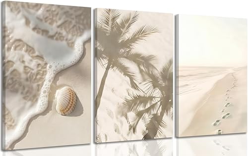 3pcs Coastal Beach Canvas Wall Art Palm Tree Seashells Painting