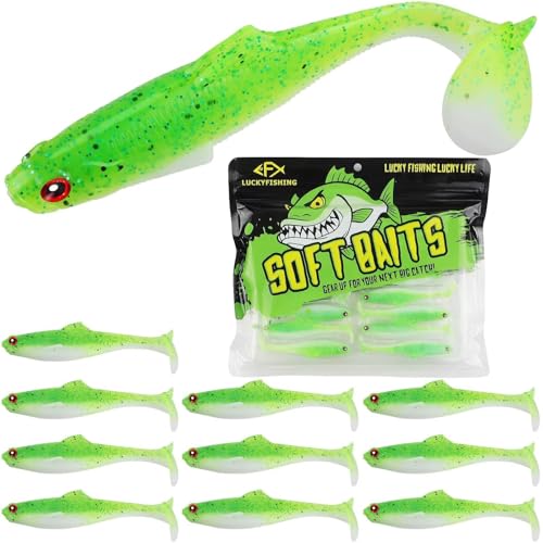 LUCKYFISHING Paddle Tail Swimbaits Soft Plastic Swimbaits Soft Baits for Bass Fishing Trout Crappie Walleye Freshwater Saltwater Soft Plastic Baits Green-4 inch-10pcs