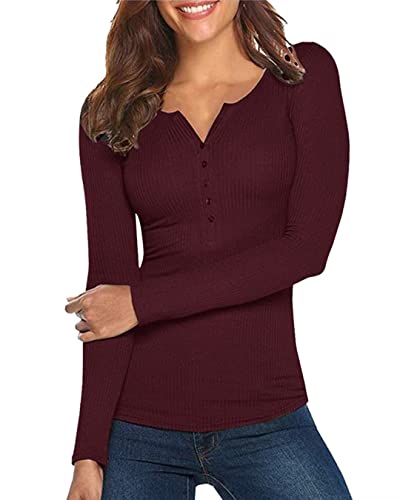 Damen Shirt Langarm V-Ausschnitt Basic Oberteile Button Casual Pullover...