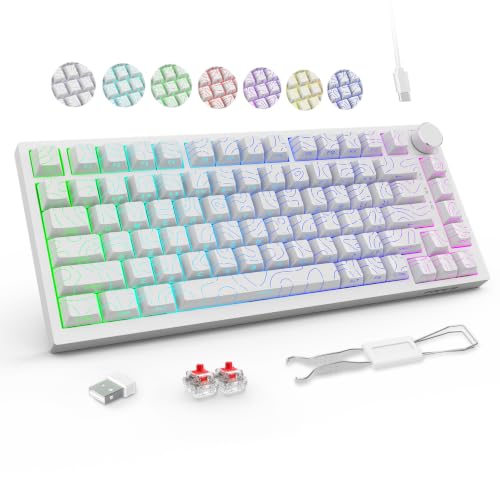 Image of FOPETT Wireless Mechanical Keyboard Rechargeable Adjustable Backlight Three Mode Wired /2.4G /Bluetooth Side Engraved for Laptop /Windows /PC - Contour Lines White