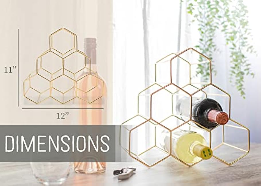 NAT & Jules Honeycomb Gold Tone Iron Metal Tabletop Wine Rack - Perfect for Kitchen Countertop, Pantry or Cabinets Display or Storage - Hold 6 Bottles, Gold Tone