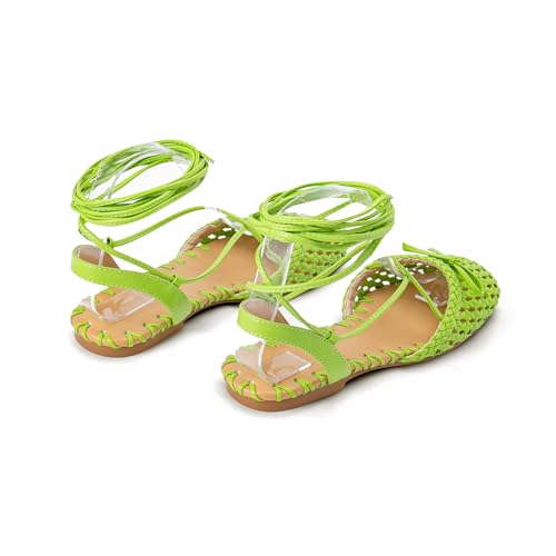 Image of Woven Ballet Flats for Women Lace Up Closed Square Toe Summer Sandals Dressy Shoes