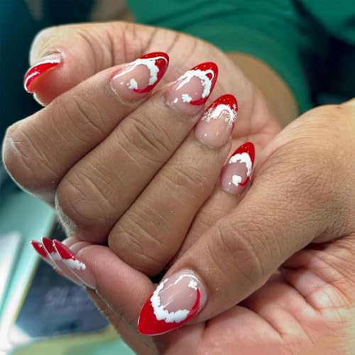 Christmas Press On Nails - 24pcs Red French Tip False Nails With Santa Red Hat Design - Reusable Almond Fake Nails Medium - Reusable Full Cover Xmas Glue-On Nail For Women Holiday Nails DIY