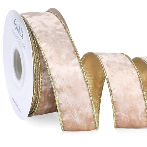 Image of Ribbli Champagne Velvet Wired Ribbon 1.5 Inch Metallic Champagne Gold Crushed Velvet Christmas Ribbon for Gift Wrapping Christmas Tree Decoration Crafts Wreaths Supplies-Continuous 10 Yards