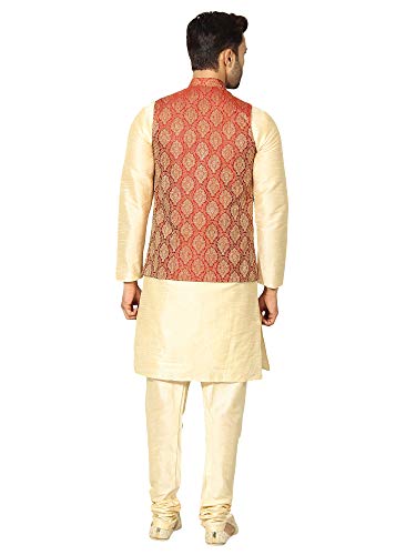 Image of Uri and MacKenzie Men's Silk Blend Regular Kurta Churidar Pyjama with Bundi Nehru Jacket /Waistcoat