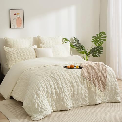 Boqingzhu Seersucker Bettwäsche Set Creme Beige Weiß 135x200cm...