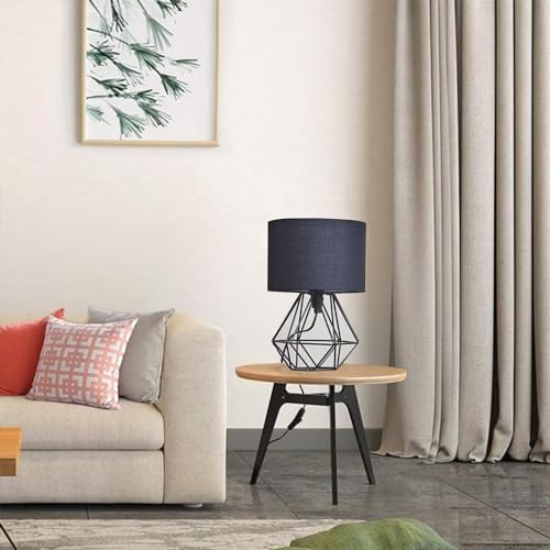 Modern Vintage Style DIY Desk Table Lamps for Kids Bedroom - Minimalist Industrial Bedside Night Light Metal Hollowed Out Base Fabric Shade - Classic Geometric Cage Table Light, Black