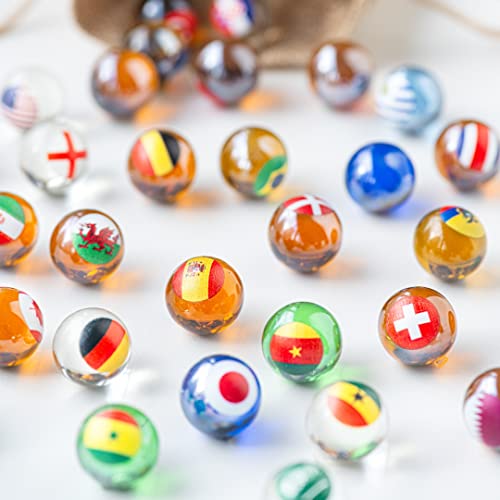 MARBLEFLAGS 32 Murmeln für Kinder aus Glas Mit Flaggen der Weltmeisterschaft, 16 mm, Ideal für Spiele