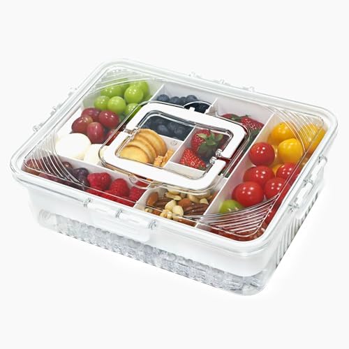 Snackle Box Container,Chilled Divided Serving Tray With Lid And Handle,Snack Organizer For Fruits, Veggies,Candy,Charcuterie,Ice Serving Platter with 7 Compartments For Travel,Party,Keep Food Cold