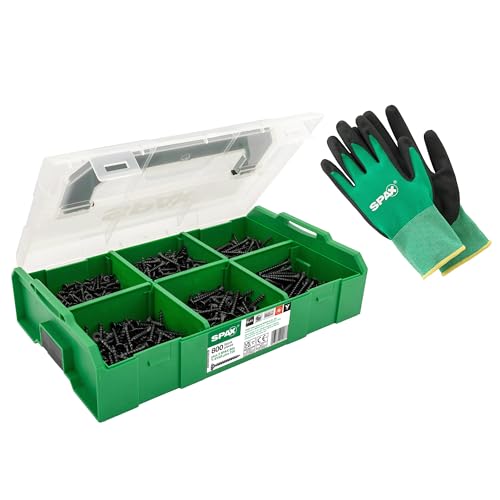 SPAX Maletín de montaje L-BOXX Mini BLAX con 800 tornillos universales negros en 6 tamaños para la fabricación de muebles decorativos, incl. 3 puntas T-STAR plus T20 y guantes de trabajo