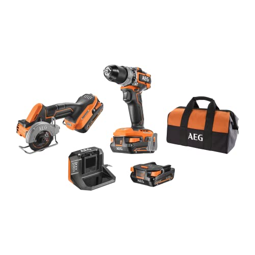 AEG - Duo Brushless : Perceuse à percussion Brushless Subcompact 18V, mini scie multi-matériaux Brushless Subcompact 18V, 2 batteries 2,0 Ah, chargeur, sac -...
