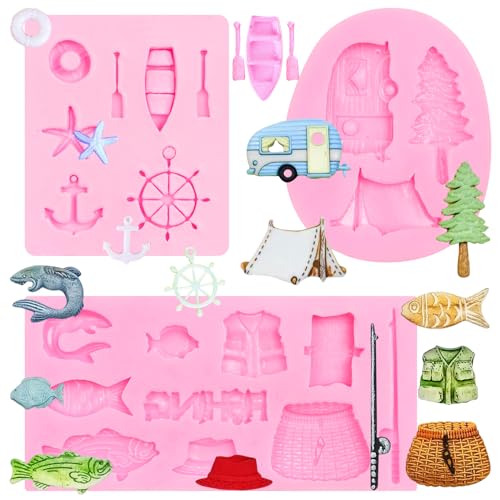 Camping Tent Silicone Mold, Boat Hook Oar Chocolate Mold, Fishing Set Fondant Baking Mold for Cake Decoration Cupcake Topper Candy Sugar Craft Gum Paste Clay Resin