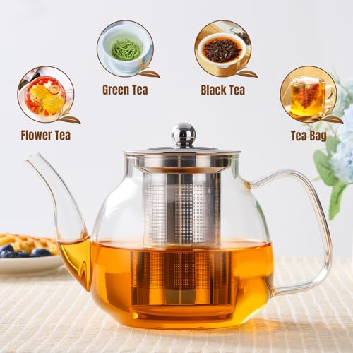 Image of PARACITY Glass Teapot Stovetop 34 OZ, Borosilicate Clear Tea Kettle with Removable 18 /8 Stainless Steel Infuser, Teapot Blooming and Loose Leaf Tea Maker Tea Brewer for Camping, Travel