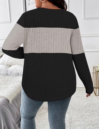 Image of Koscacy Women Plus Size Casual Knit Sweater V Neck Solid Color Tops Lightweight Long Sleeve Blouses