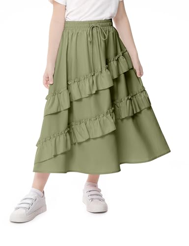 Image of Girls High Waisted Ruffle Maxi Skirt Soft Cotton Long Skirts with Elastic Waistband for Kid Girl 3-12 Years