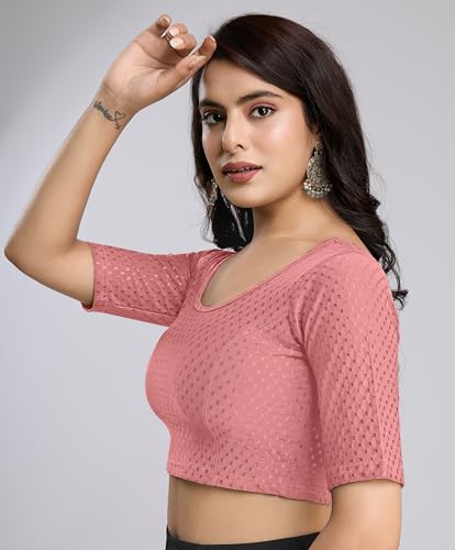 Image of TRENDMALLS Women's Dobby Pure Cotton Elastin Stretchable Readymade Round Neck Elbow Length Sleeves Blouse Choli Stylish Saree Blouse Ready to Wear