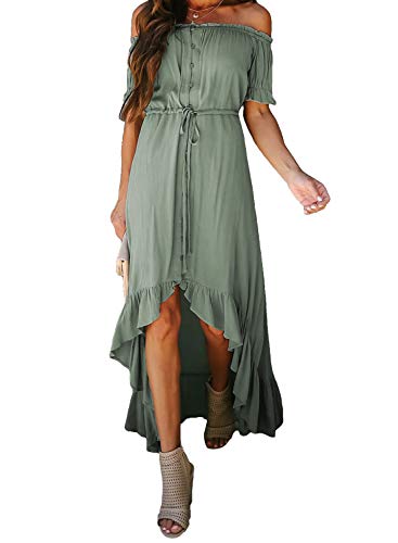 Happy Sailed Womens Maxi Dress Off Shoulder Flowy Front Slit High Low Summer Beach Swing Dress X-Large Green