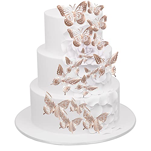 Gyufise 36 Pack Rose Gold Glitter 3D Butterfly Cupcake Toppers Hollow Butterfly Cake Decorations for Birthday Wedding Fairy Party Butterfly Wall Sticker Decal for Background Wall Decoration