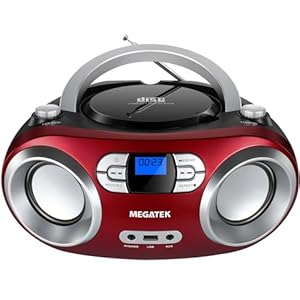 MEGATEK Portable CD Player Boombox with FM Radio, Bluetooth, USB Port, AUX Input, and Headphone Jack – CD-R/CD-RW/MP3-CD Compatible, Clear Stereo Sound, Backlit LCD Display – Cherry Red