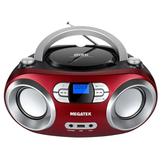 MEGATEK Portable CD Player Boombox with FM Radio, Bluetooth, USB Port, AUX Input, and Headphone Jack – CD-R/CD-RW/MP3-CD Compatible, Clear Stereo Sound, Backlit LCD Display – Cherry Red