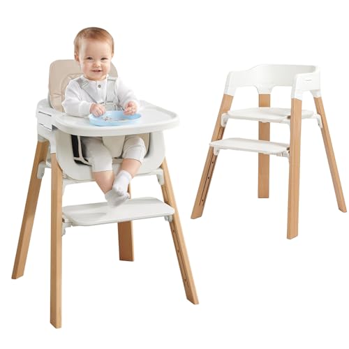Image of Toddler High Chair,Baby Highchair with Tray & Removable Cushion & 4-Levels Pedal & Padded 5-Point Harness, High Chair Grows with Kid for Dining, Studying,Baby Eating Chair（Khaki