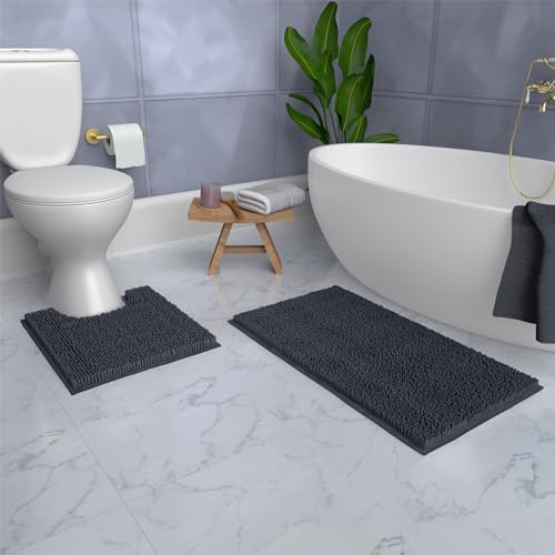 LuxUrux 2 Piece Bath Mat Set, Extra-Soft Plush Bath Shower Bathroom Rug + U-Shaped Toilet Mat. 1'' Chenille Microfiber Material. Super Absorbent. Machine Wash & Dry (Curved Set, Charcoal) - 5