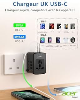Acer Adaptateur Universel de Voyage : 5 Ports USB (3 USB-C) 5,8 A, Chargeur International pour USA, Europe, Royaume-Uni, France, Allemagne - Types C/E/F/G/I/L/A - Noir