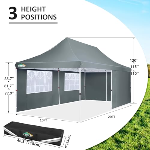 Image of COBIZI 10x20 Pop Up Canopy with 4 Sidewalls, Conical Party Tent 10x20 with 3 Adjustable Height Waterproof, UV-Resistant EZ Outdoor Gazebo with Carry Bag, Sandbag, Stake, Rope for Parties, Commercial