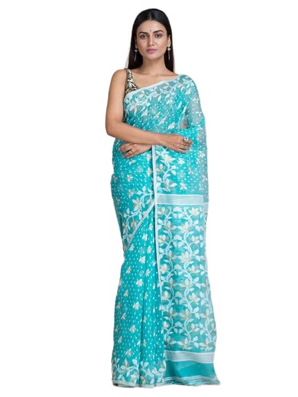 Saree Jamdani du Bengale Moumita's en coton et soie douce bleu clair pour femme
