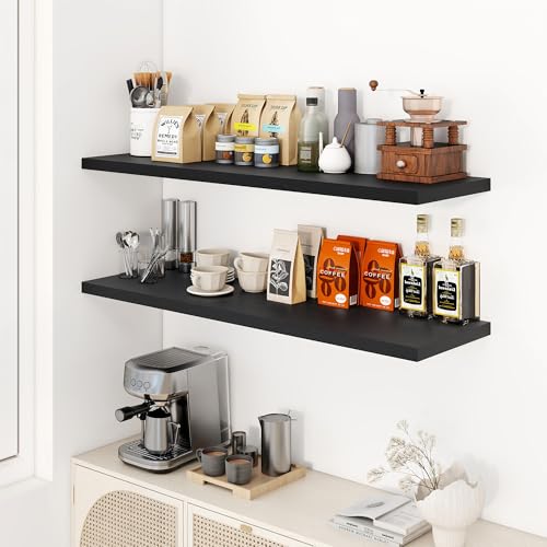 Image of Dreamland 48 inch Floating Shelves for Wall, 12 inch Deep Slim Black Floating Shelves, Wall-Mounted Shelves for Bedroom, Living Room, Kitchen, Bathroom - Set of 2