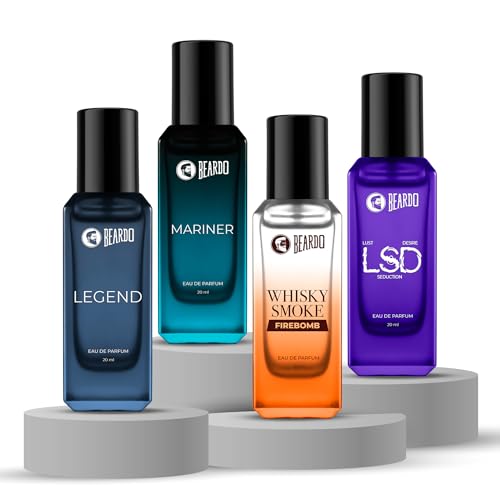 Beardo Everyday Essential Combo for Men- LSD ,Whisky Smoke Firebomb, Mariner & Legend Perfume for Men (20ml x 4) | Long Lasting Fragrance | Long Lasting Perfume for Men | Gift for Men | Gift for Friend