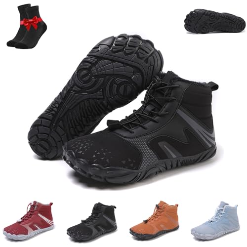 Vinterbarfotaskor Dam Herr, Ergonomiska barfotaskor, Halkfria läderstövlar, Varma snöskor for utomhusbruk(Black,40 EU)