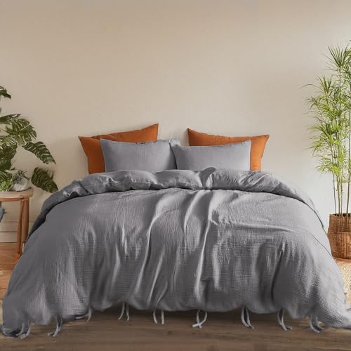 LINENWALAS 100% Cotton Muslin Duvet Cover Set- 3-Piece Ultra Soft & Breathable Bed Linen, Hotel Quality Quilt Cover with Bow Knot Closure for Double Size Bedding (200x200 cm, Light Grey)