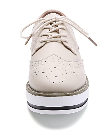Dadawen Women's Platform Lace-Up Wingtips Square Toe Oxfords Shoe Beige Leather Us Size 9/Asia Size 41/25.5Cm #TOP3
