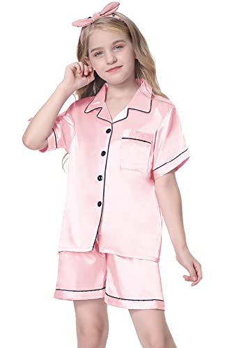 Schbbbta Satin Pajamas for Girls, 2 Pcs Sleepwear Short Sleeve Silk Satin Summer Pajama Set for Girls, Candy Pink, 4-5 Years = Tag 102