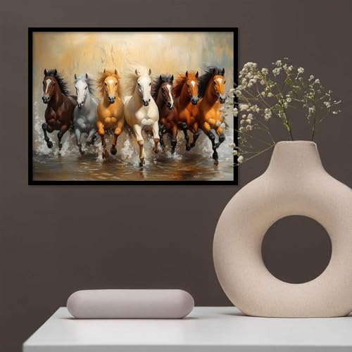 Image of HOTHOUSE Seven Running Vastu Lucky Horse Painting | 7 Horses Vastu Frame Wall Art Painting for Living Room Bedroom Office Home Decor Wall Decor Size (13X17 inch)