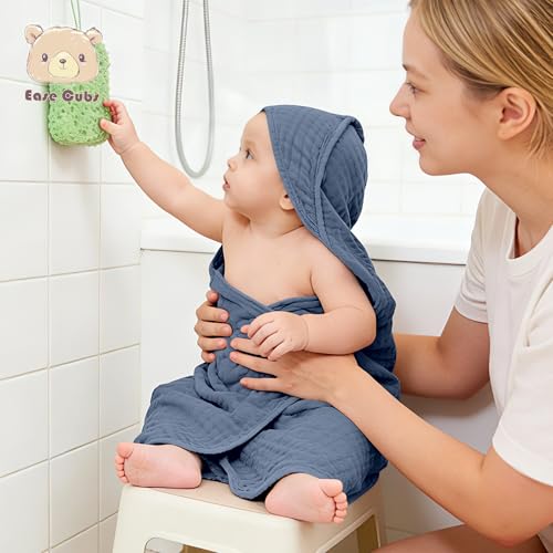 Image of Ease Cubs 3-Pack Muslin Hooded Baby Towels, 100% Cotton, Ultra-Soft & Absorbent Baby Bath Towels with Hood for Babies, Infant, Toddler and Newbron (Grey and Navy Blue Series,32 inch x 32 inch)