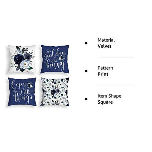 Navy Blue Throw Pillow Covers 18X18 Inch Floral Roses Flower White Grey Pillows Decorative Throw Pillows Modern Quote Spring Velvet Cushion Case Set Of 4 For Couch Bed Sofa #TOP7