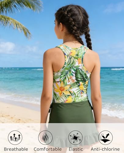 Image of Girls Swimsuit 3 Piece Bathing Suit Quick Dry Tankini Set with Cover Up Beach Skirt Tankini Swimwear 5-16 Years