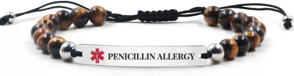 RENYILIN Medical Alert ID Bracelet, Natural Tiger's Eye Beads, Curved Design, Adjustable
