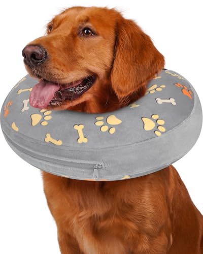 Image of Inflatable Dog Pillow Cone Collar After Surgery, Donut Soft Neck Cone for Husky Border Collie Large Dogs, etc, Recovery E Collar to Stop Licking Grey