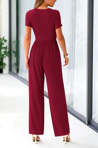 PRETTYGARDEN Women's Summer One Piece Jumpsuits Dressy Casual Short Sleeve Square Neck Wide Leg Jumpsuit Rompers