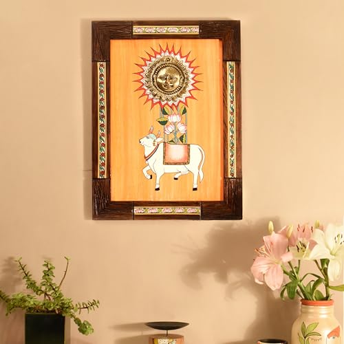 Image of Nandi Wall Accent with beautiful painting of Nandi and Shiva in Brass in Backdrop | Handcrafted Wall Art for Home Decor & Office Spaces