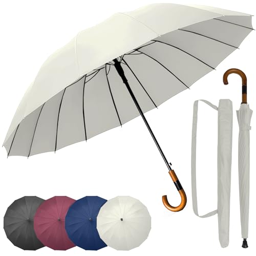 unycos   Paraguas de Golf Resistente al Viento【Grande, XL】 Automático e Impermeable con Mango de Madera, Protección UV para Hombre y Mujer, 120 cm, 16 Varillas | Incluye Funda y Correa (Beige Claro)