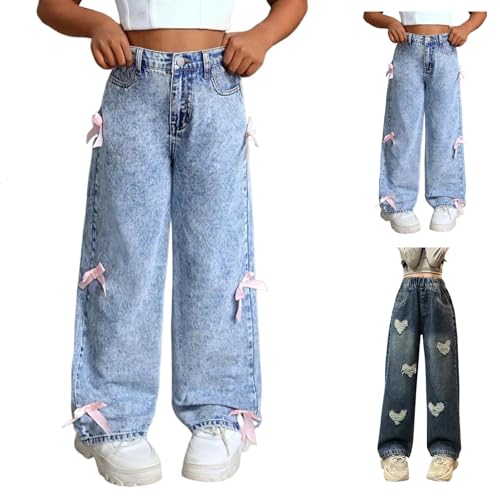 Girls Bow Jeans Wide Leg Denim Trousers Cute Elastic Waist Teens Baggy Pants Daily Casual Streetwear with Pockets