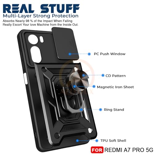 Image of Armor Bumper Back Cover Case for Redmi A7 Pro / C85X 5G | Rotating Camera Cover, Ring Holder & Kickstand | Heavy Duty & 360 Degree Protection Back Cover (Black)