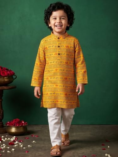 Image of AJ DEZINES Boys Cotton Full Sleeve Letter Printed Kurta Pajama Set for Kids - Ethnic wear | Special Occasion & Traditional Outfit |Boys Kurta Set - Regular Fit
