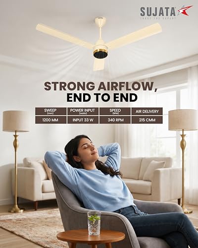 Image of Sujata Slim Air BLDC Fans Ceiling 1200mm | 3 Years Warranty | Remote Fans Ceiling Fans 5 Star BEE Rating, Ceiling Fan for Living Room, 100% Copper Winding, Saving Upto 60% (Ivory Gold)